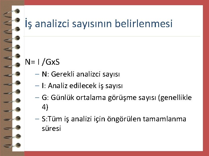 İş analizci sayısının belirlenmesi N= I /Gx. S – N: Gerekli analizci sayısı –