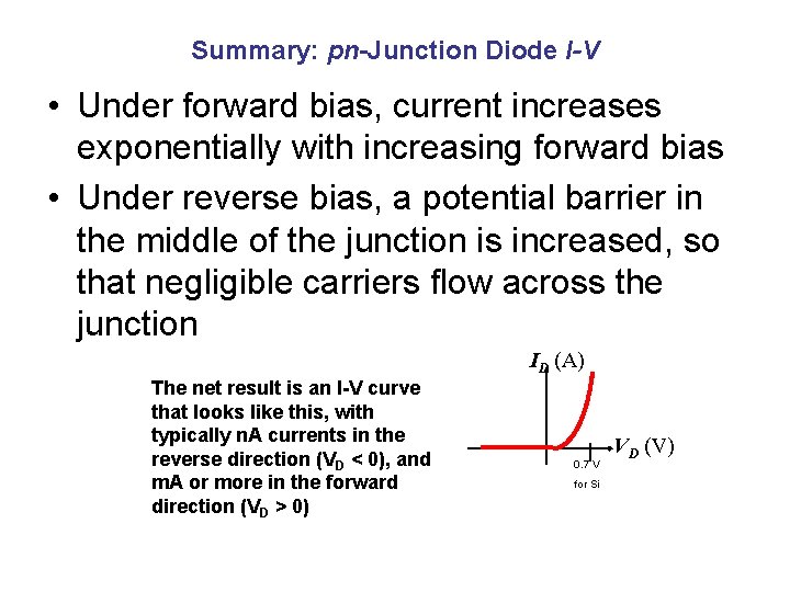 Summary: pn-Junction Diode I-V • Under forward bias, current increases exponentially with increasing forward