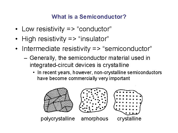 What is a Semiconductor? • Low resistivity => “conductor” • High resistivity => “insulator”