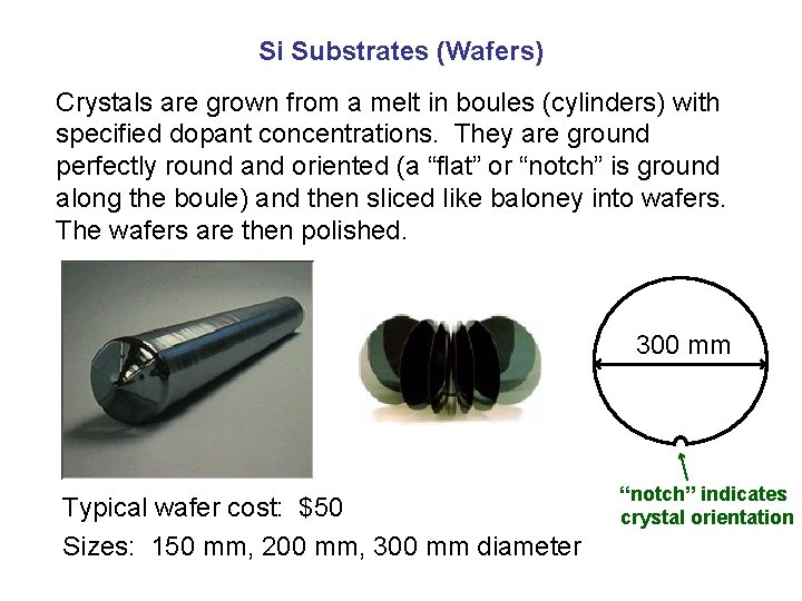Si Substrates (Wafers) Crystals are grown from a melt in boules (cylinders) with specified
