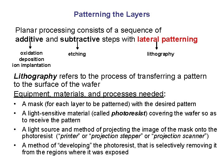Patterning the Layers Planar processing consists of a sequence of additive and subtractive steps