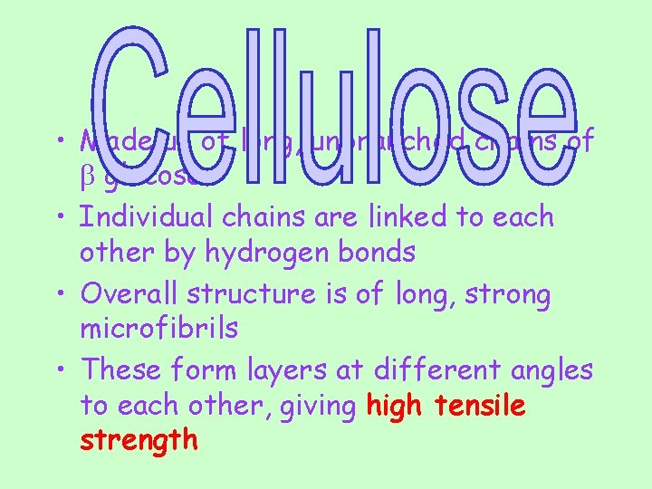  • Made up of long, unbranched chains of b glucose • Individual chains