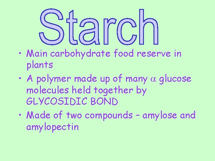  • Main carbohydrate food reserve in plants • A polymer made up of