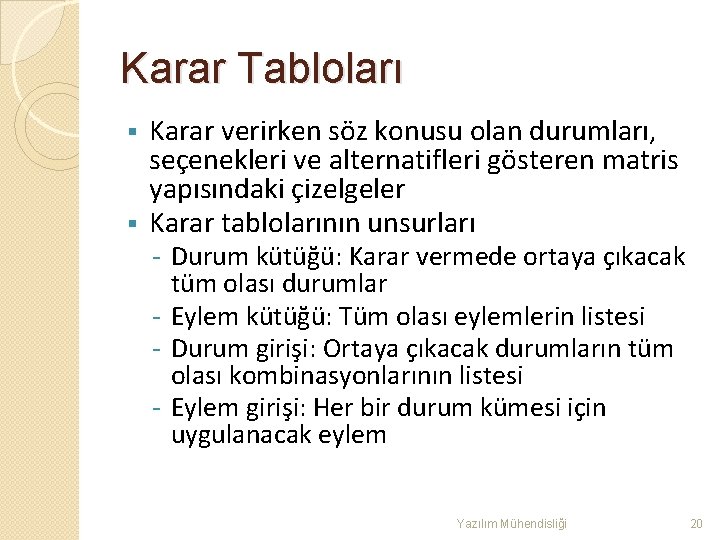 Karar Tabloları Karar verirken söz konusu olan durumları, seçenekleri ve alternatifleri gösteren matris yapısındaki