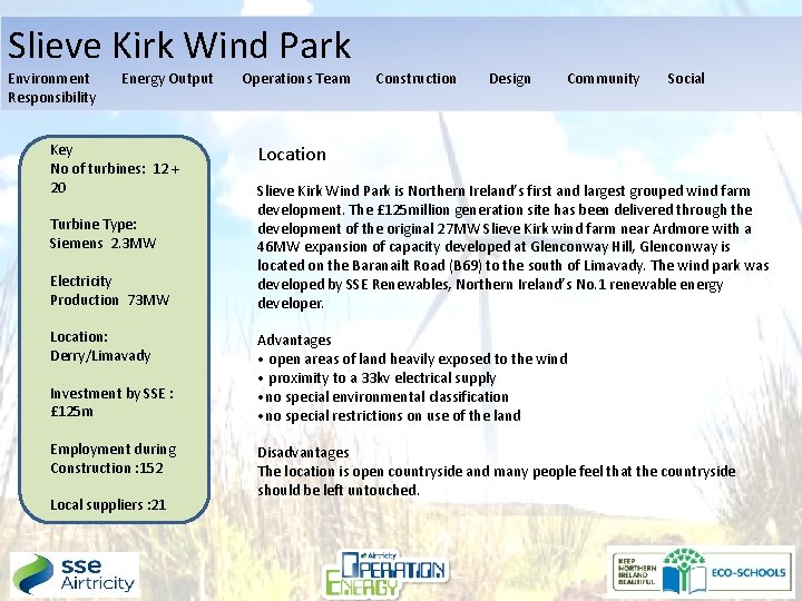 Slieve Kirk Wind Park Environment Responsibility Energy Output Key No of turbines: 12 +
