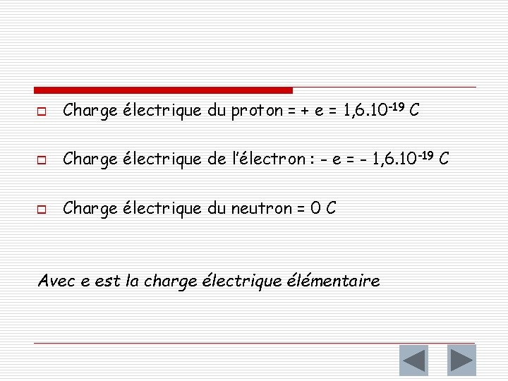 o Charge électrique du proton = + e = 1, 6. 10 -19 C