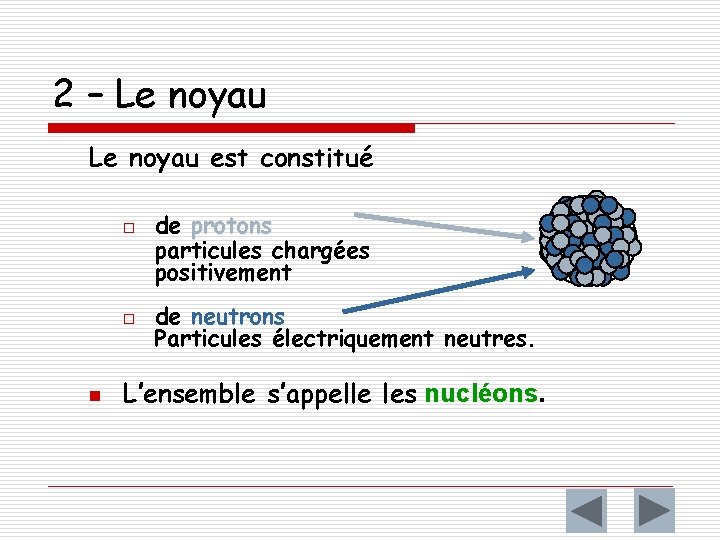 2 – Le noyau est constitué o o n de protons particules chargées positivement