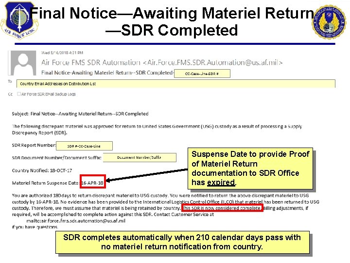 Final Notice—Awaiting Materiel Return —SDR Completed Suspense Date to provide Proof of Materiel Return