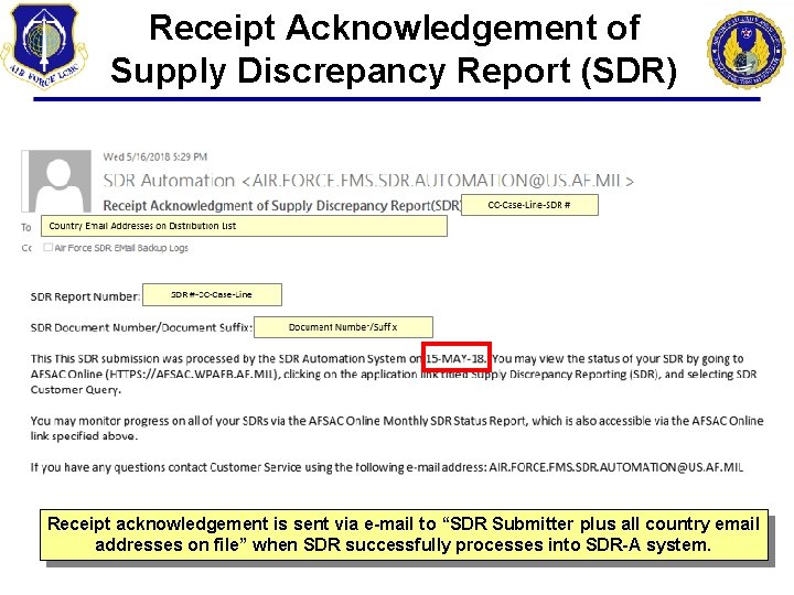 Receipt Acknowledgement of Supply Discrepancy Report (SDR) Receipt acknowledgement is sent via e-mail to