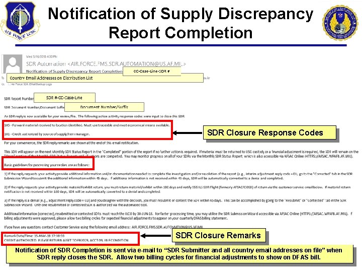 Notification of Supply Discrepancy Report Completion SDR Closure Response Codes SDR Closure Remarks Notification