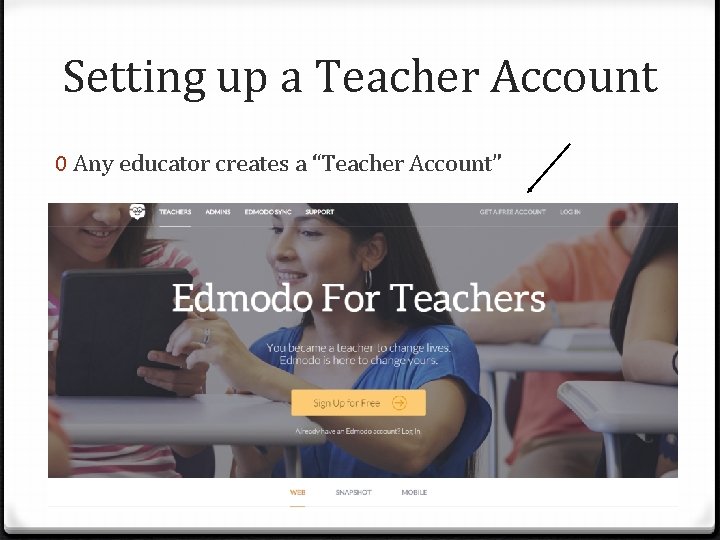 Setting up a Teacher Account 0 Any educator creates a “Teacher Account” 