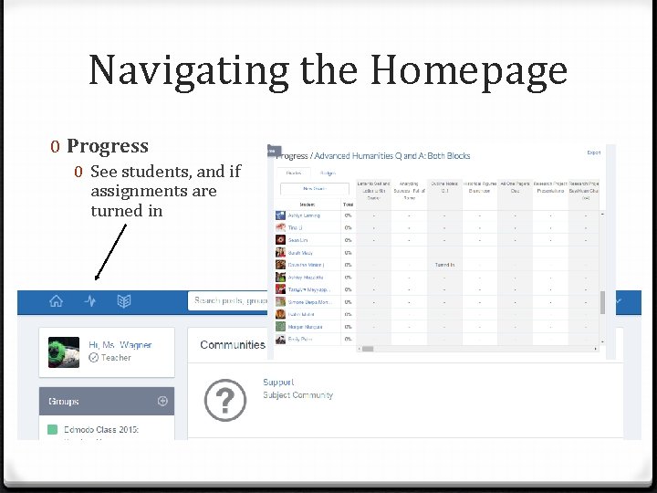 Navigating the Homepage 0 Progress 0 See students, and if assignments are turned in