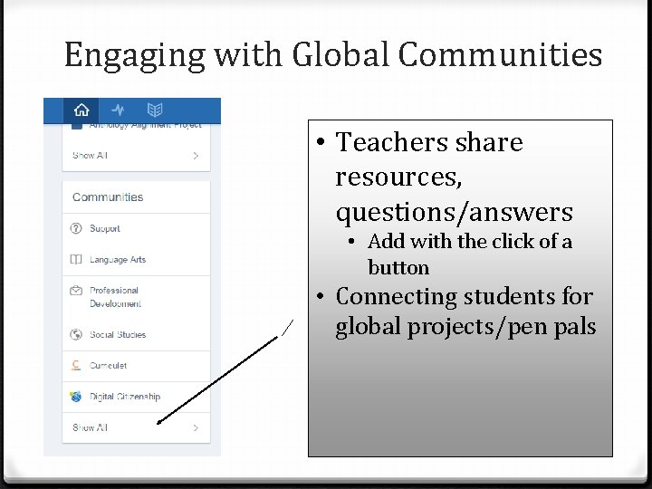 Engaging with Global Communities • Teachers share resources, questions/answers • Add with the click