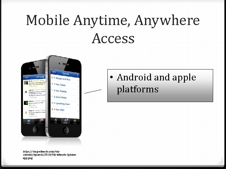 Mobile Anytime, Anywhere Access • Android and apple platforms https: //blog. edmodo. com/wpcontent/uploads/2010/06/edmodo-iphoneapp. png