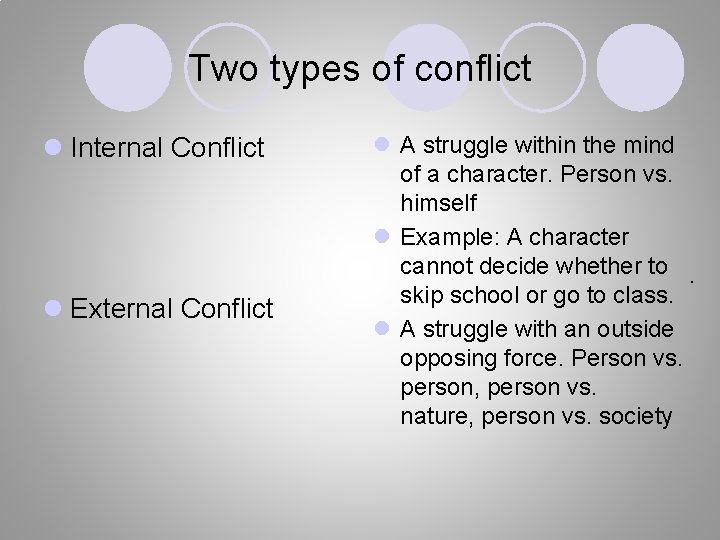 Two types of conflict l Internal Conflict l External Conflict l A struggle within