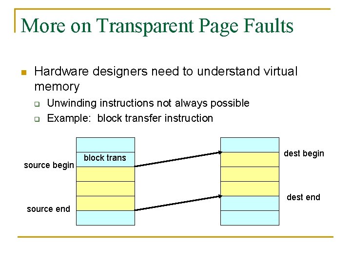 More on Transparent Page Faults n Hardware designers need to understand virtual memory q
