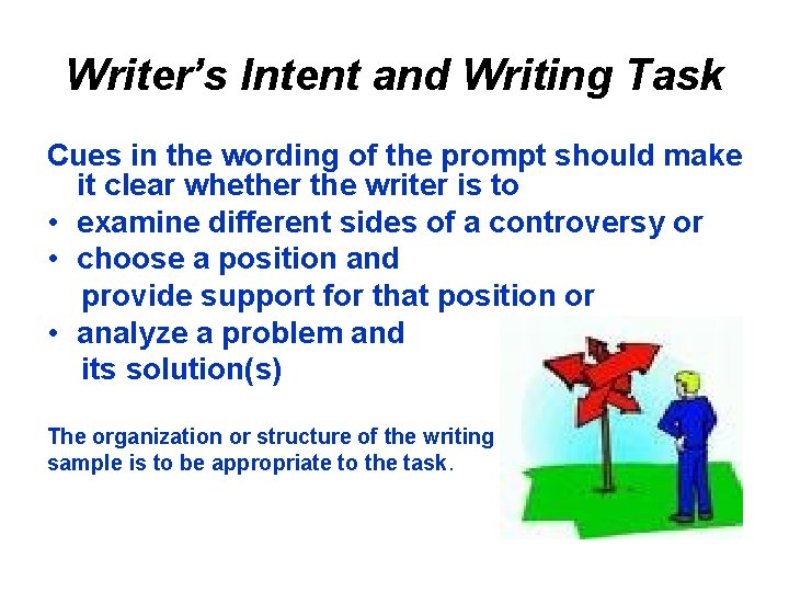 Writer’s Intent and Writing Task Cues in the wording of the prompt should make