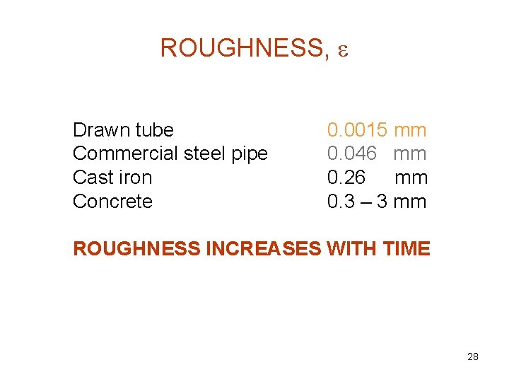 ROUGHNESS, e Drawn tube Commercial steel pipe Cast iron Concrete 0. 0015 mm 0.