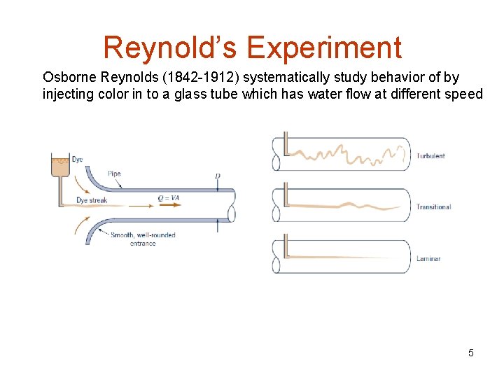 Reynold’s Experiment Osborne Reynolds (1842 -1912) systematically study behavior of by injecting color in