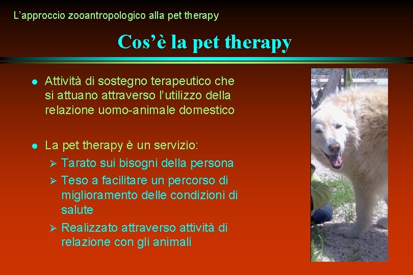 L’approccio zooantropologico alla pet therapy Cos’è la pet therapy l Attività di sostegno terapeutico