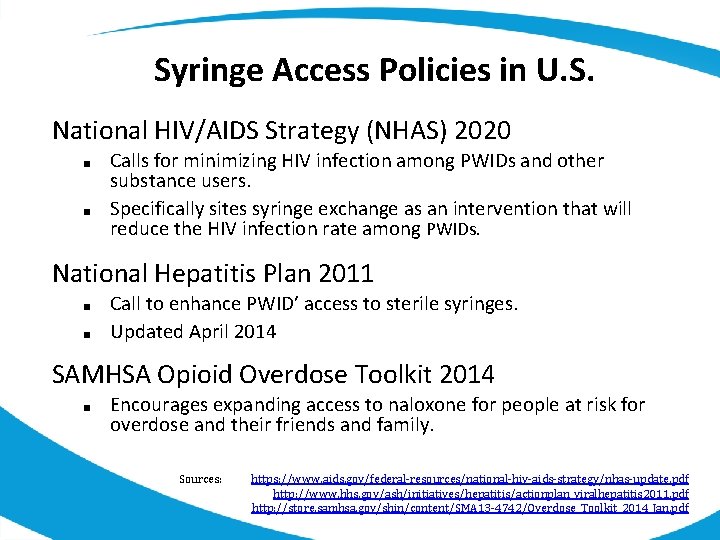 Syringe Access Policies in U. S. National HIV/AIDS Strategy (NHAS) 2020 ■ ■ Calls