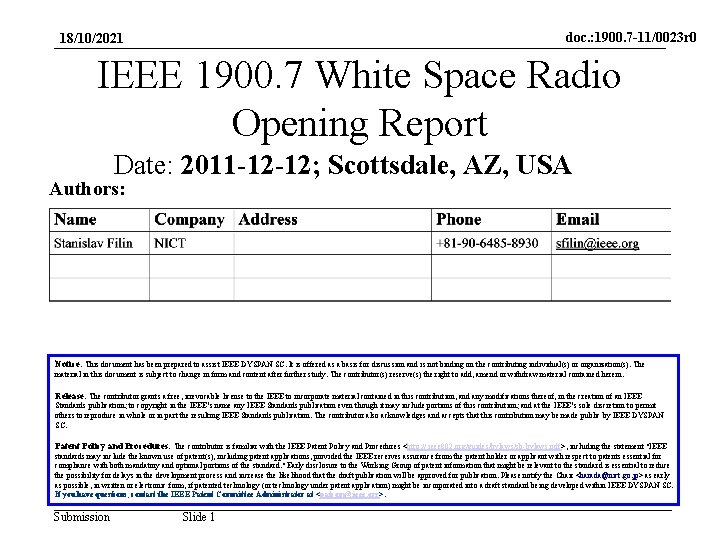 doc. : 1900. 7 -11/0023 r 0 18/10/2021 IEEE 1900. 7 White Space Radio