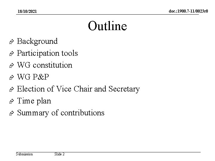 doc. : 1900. 7 -11/0023 r 0 18/10/2021 Outline Background Participation tools WG constitution