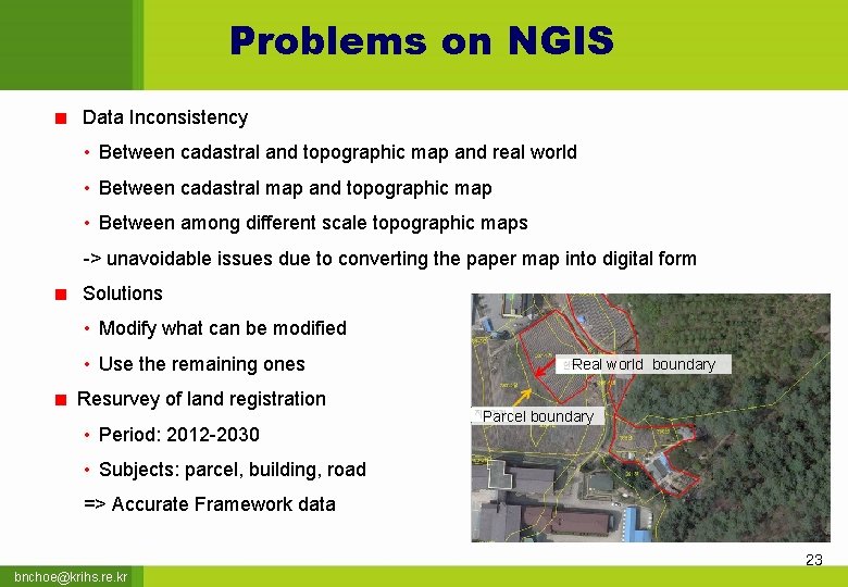 Problems on NGIS Data Inconsistency • Between cadastral and topographic map and real world