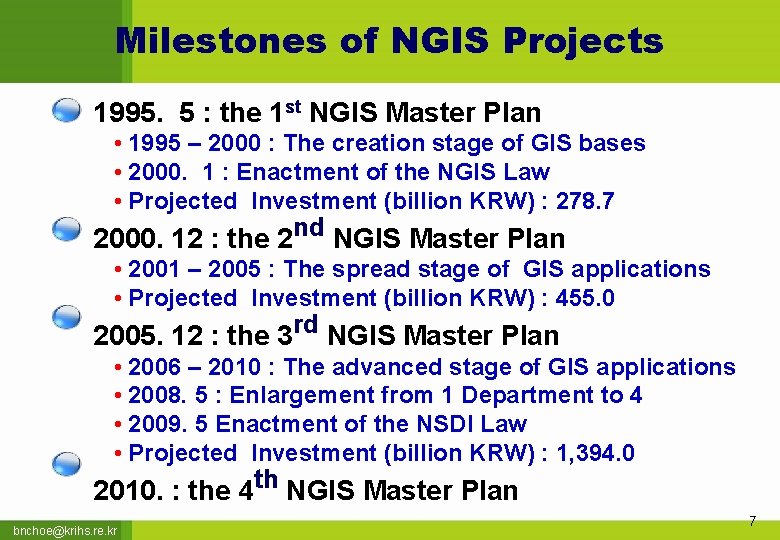 Milestones of NGIS Projects 1995. 5 : the 1 st NGIS Master Plan •