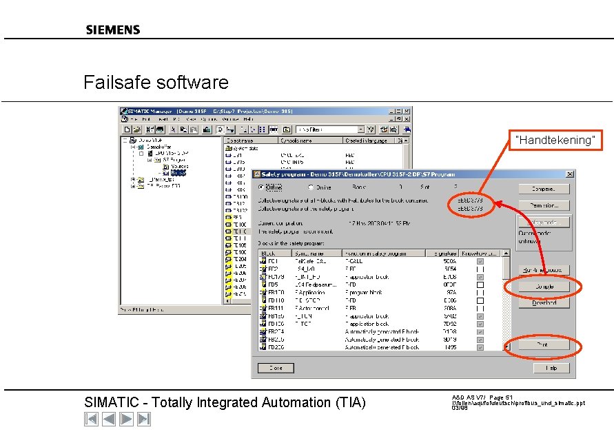 Failsafe software “Handtekening” SIMATIC - Totally Integrated Automation (TIA) A&D AS V 7/ Page