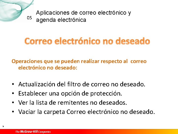 Aplicaciones de correo electrónico y 05 agenda electrónica Correo electrónico no deseado Operaciones que