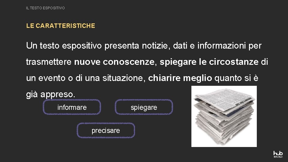 IL TESTO ESPOSITIVO LE CARATTERISTICHE Un testo espositivo presenta notizie, dati e informazioni per