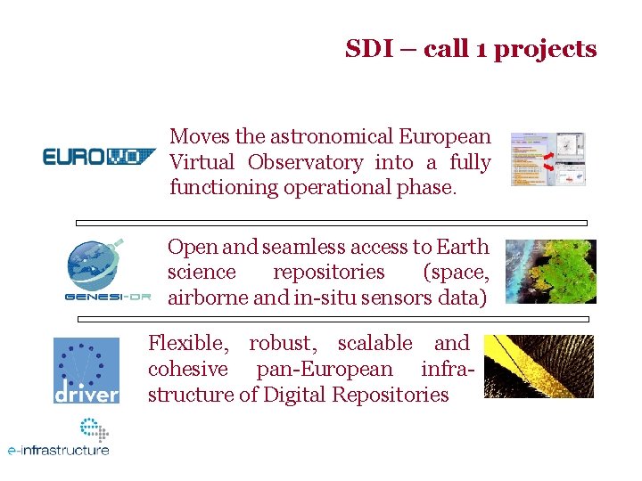 SDI – call 1 projects Moves the astronomical European Virtual Observatory into a fully