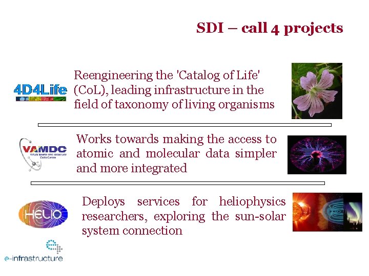 SDI – call 4 projects Reengineering the 'Catalog of Life' (Co. L), leading infrastructure