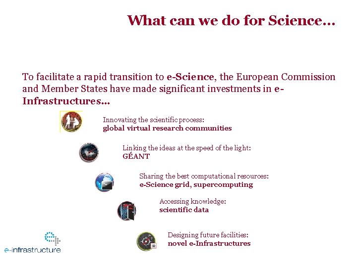 What can we do for Science… To facilitate a rapid transition to e-Science, the