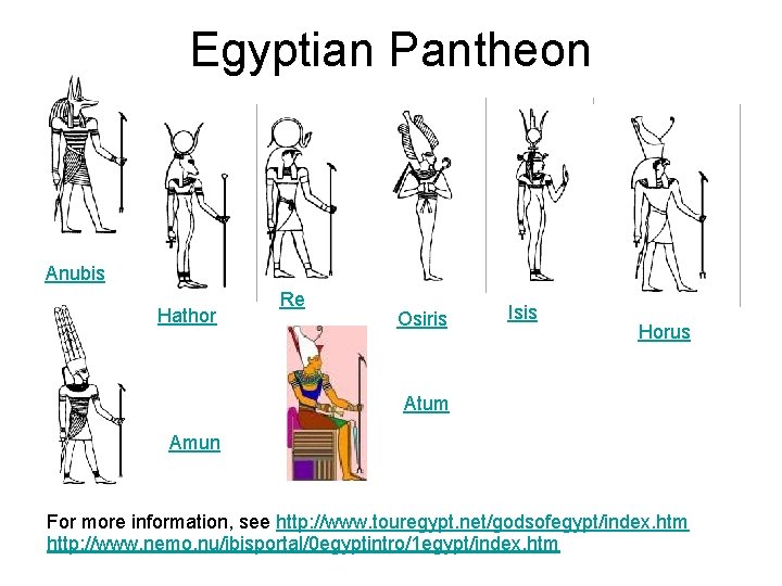 Egyptian Pantheon Anubis Hathor Re Osiris Isis Horus Atum Amun For more information, see