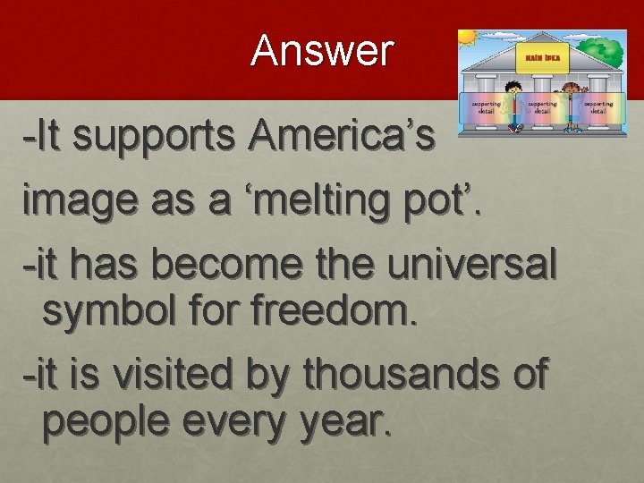 Answer -It supports America’s image as a ‘melting pot’. -it has become the universal