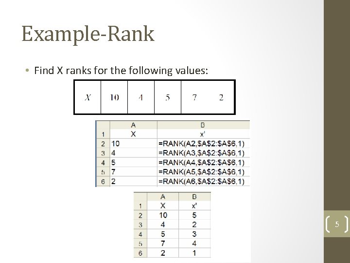 Example-Rank • Find X ranks for the following values: 5 