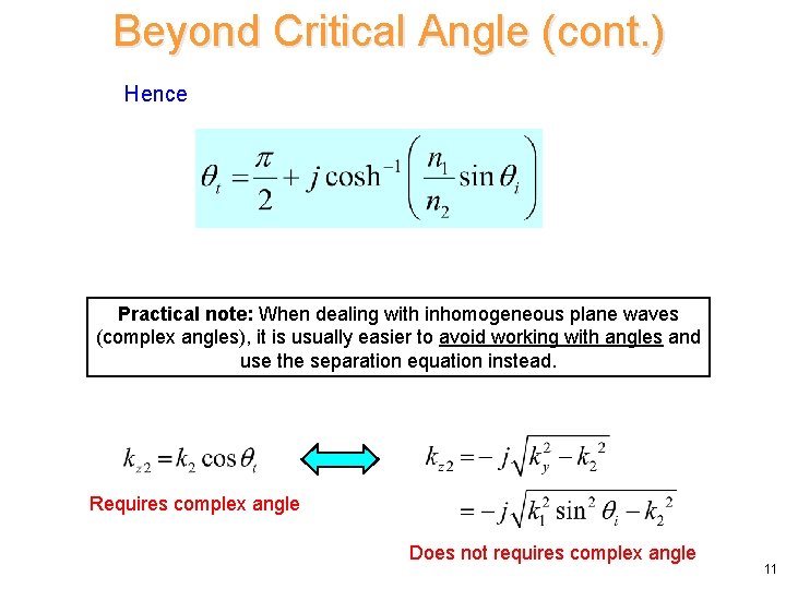 Beyond Critical Angle (cont. ) Hence Practical note: When dealing with inhomogeneous plane waves