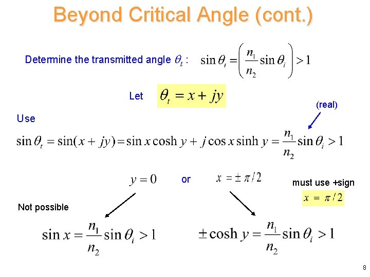 Beyond Critical Angle (cont. ) Determine the transmitted angle t : Let (real) Use