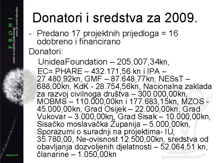 Donatori i sredstva za 2009. - Predano 17 projektnih prijedloga = 16 odobreno i