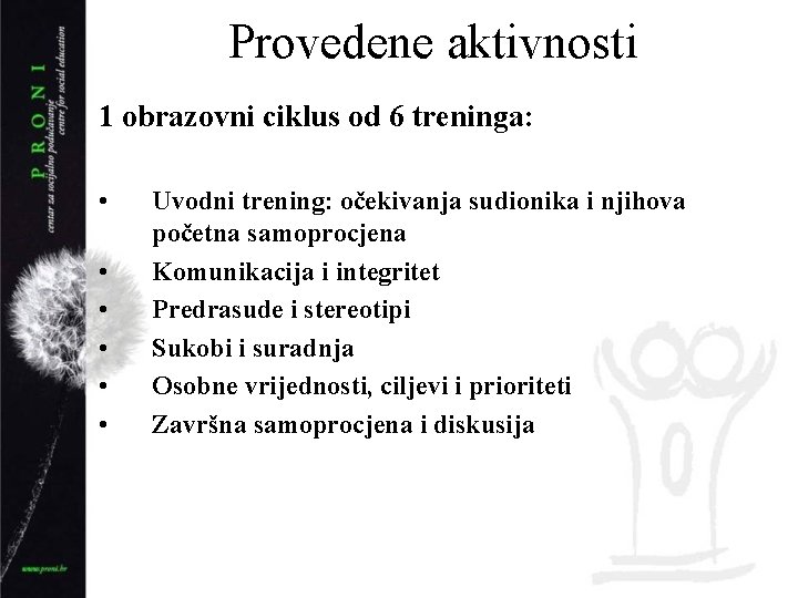 Provedene aktivnosti 1 obrazovni ciklus od 6 treninga: • • • Uvodni trening: očekivanja