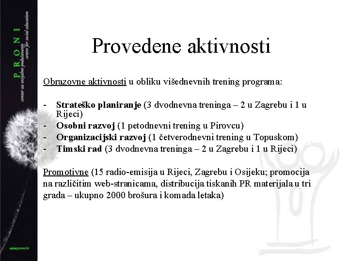 Provedene aktivnosti Obrazovne aktivnosti u obliku višednevnih trening programa: - Strateško planiranje (3 dvodnevna