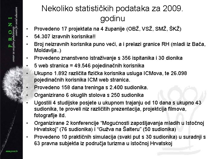 Nekoliko statističkih podataka za 2009. godinu • • • Provedeno 17 projektata na 4