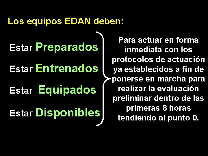 Los equipos EDAN deben: Estar Preparados Estar Entrenados Estar Equipados Estar Disponibles Para actuar