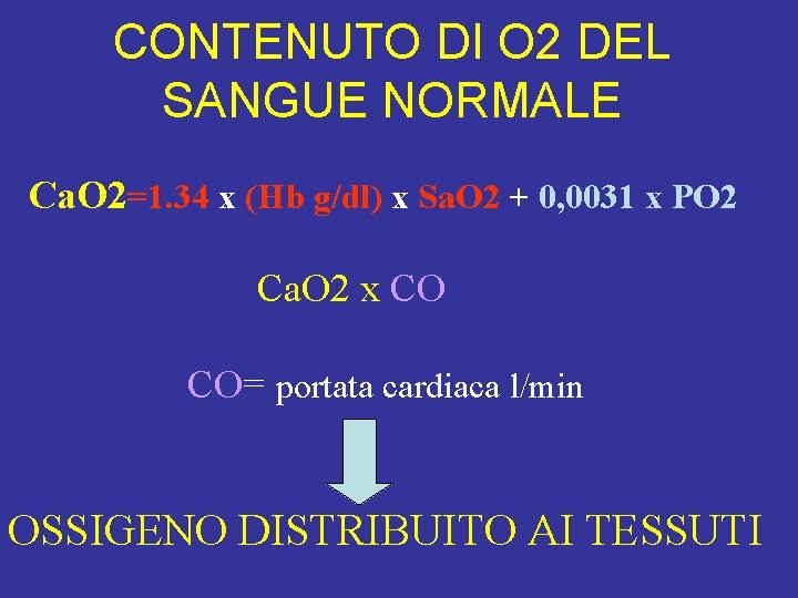 CONTENUTO DI O 2 DEL SANGUE NORMALE Ca. O 2=1. 34 x (Hb g/dl)