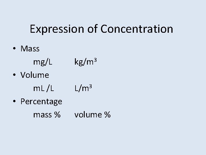 Expression of Concentration • Mass mg/L • Volume m. L /L • Percentage mass