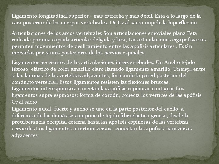 Ligamento longitudinal superior. - mas estrecha y mas débil. Esta a lo largo de