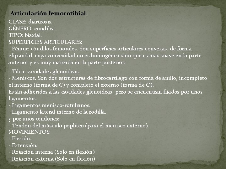 Articulación femorotibial: CLASE: diartrosis. GÉNERO: condílea. TIPO: biaxial. SUPERFICIES ARTICULARES: - Fémur: cóndilos femorales.