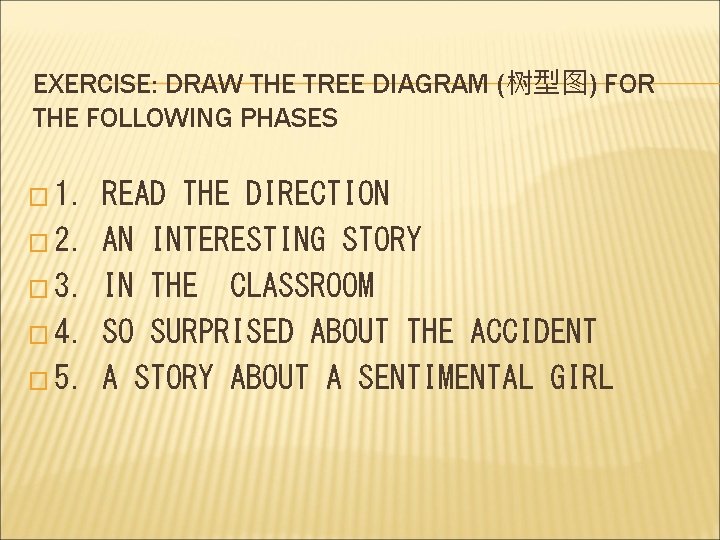 EXERCISE: DRAW THE TREE DIAGRAM (树型图) FOR THE FOLLOWING PHASES � 1. � 2.